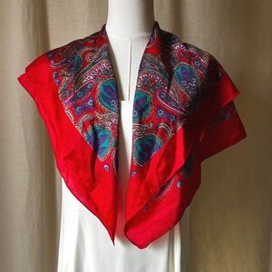 Vintage Silk Scarf Red Paisley Square 33x32 Large Classic Print